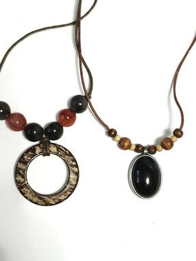 2pc New York Brown Cord and Circle Wood Beaded Necklace